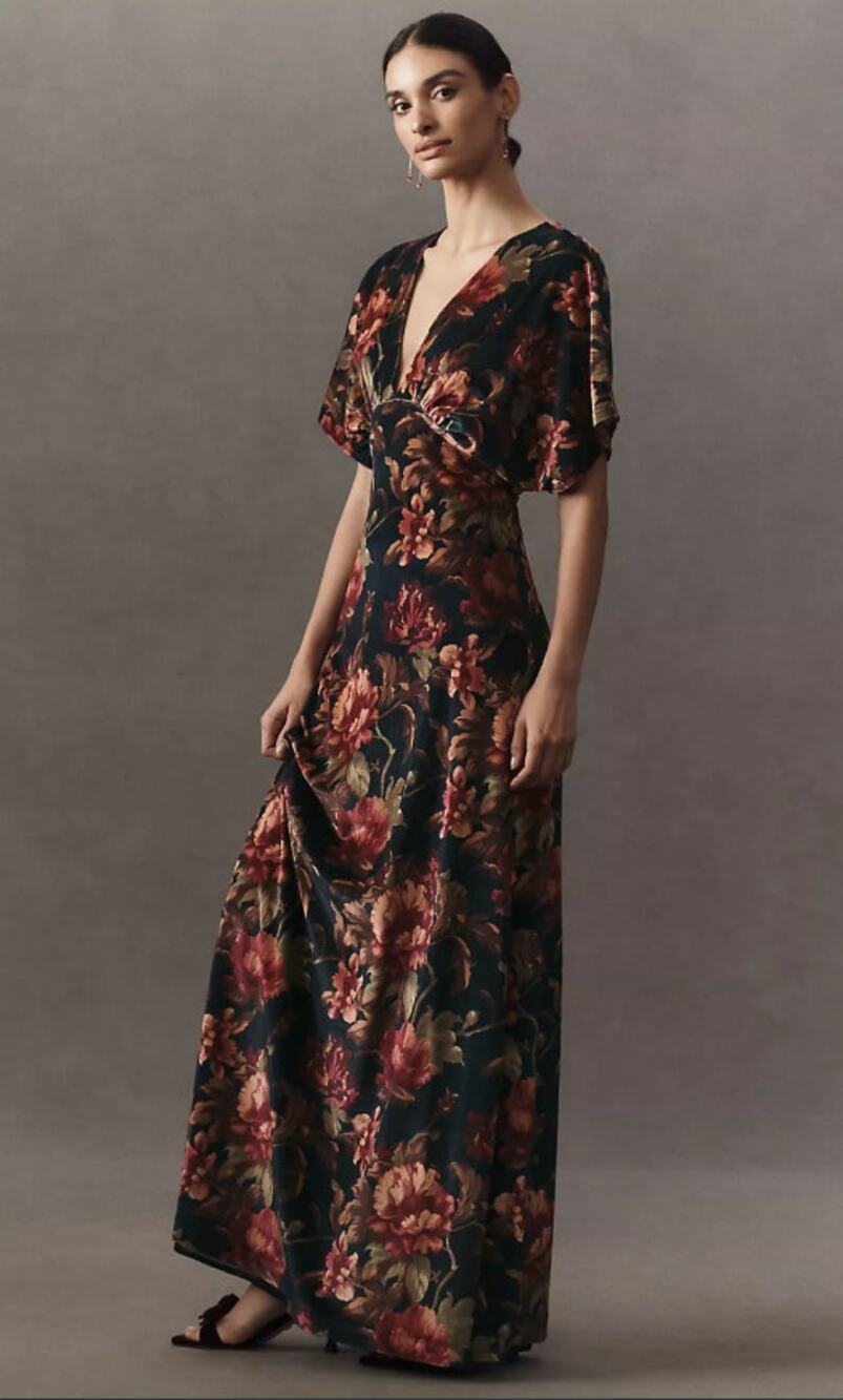 NWOT BHLDN Amelia Deep-V Stretch Floral Velvet Maxi Dress -Small